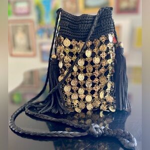 Free People Spellbound Crossbody Bag in Black and Gold in excellent condition!